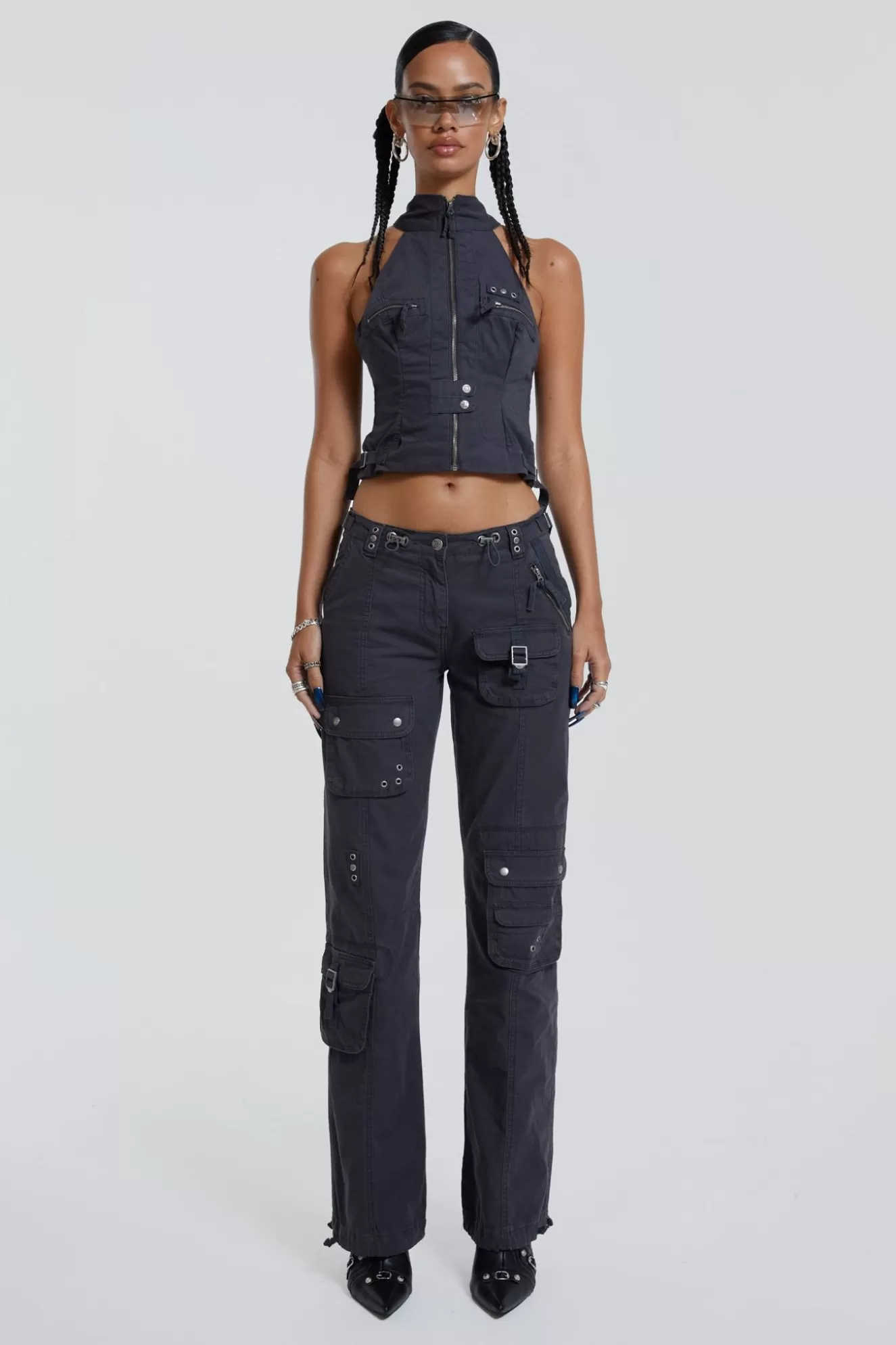 New Vintage Grey Cargo Halter Neck Top With Pocket Detail Women Co-Ords