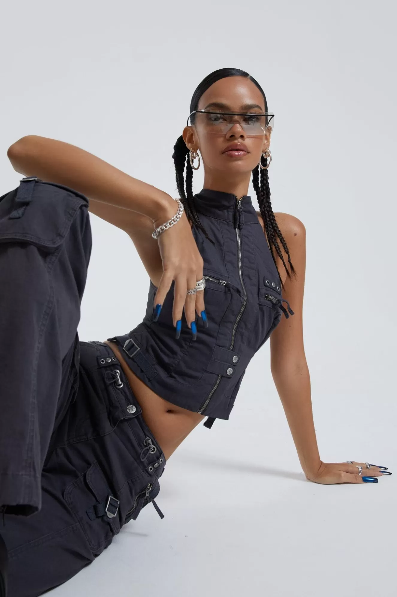 New Vintage Grey Cargo Halter Neck Top With Pocket Detail Women Co-Ords