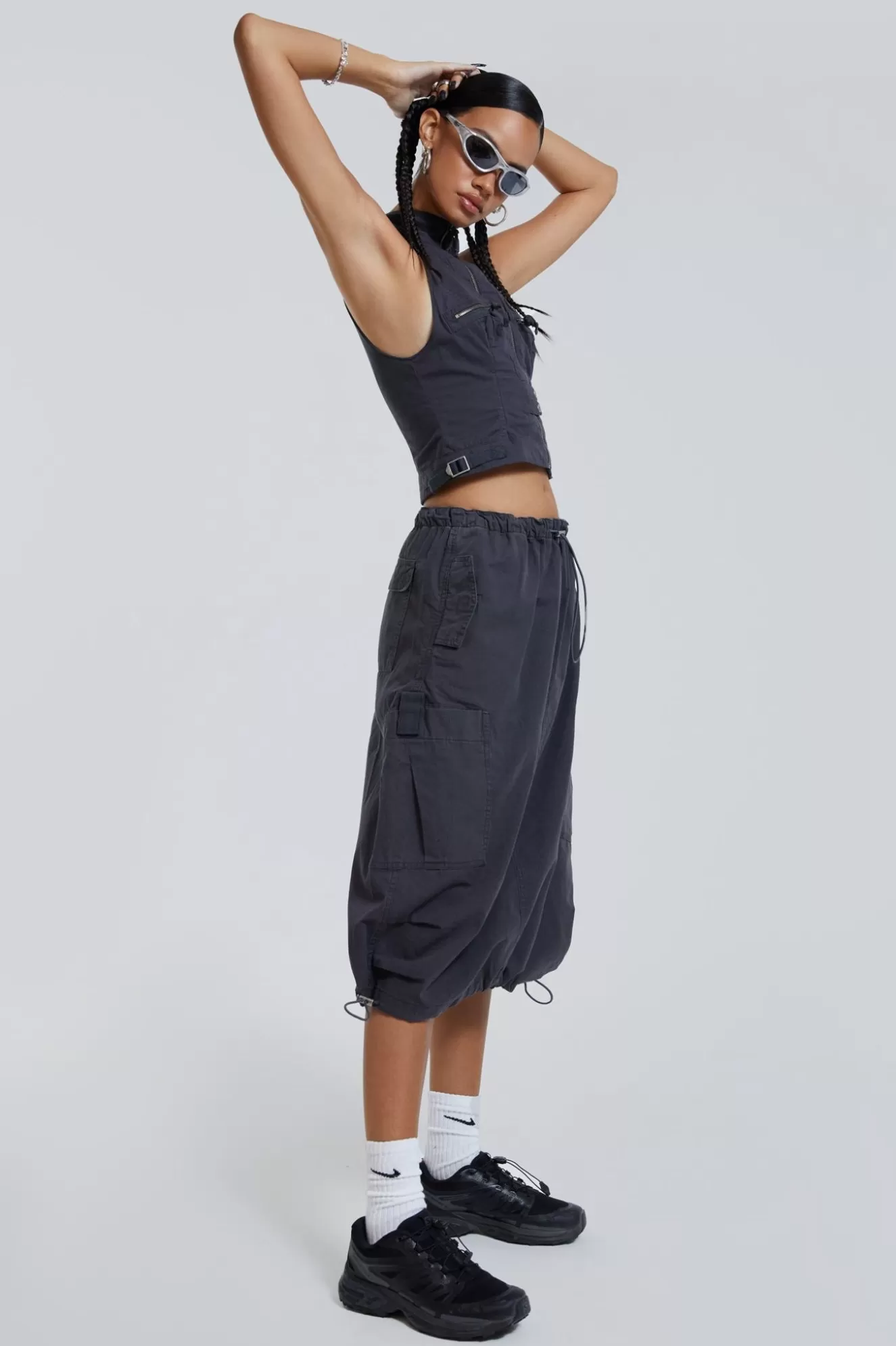 Cheap Vintage Grey Midi Cargo Skirt Women Parachute Pants