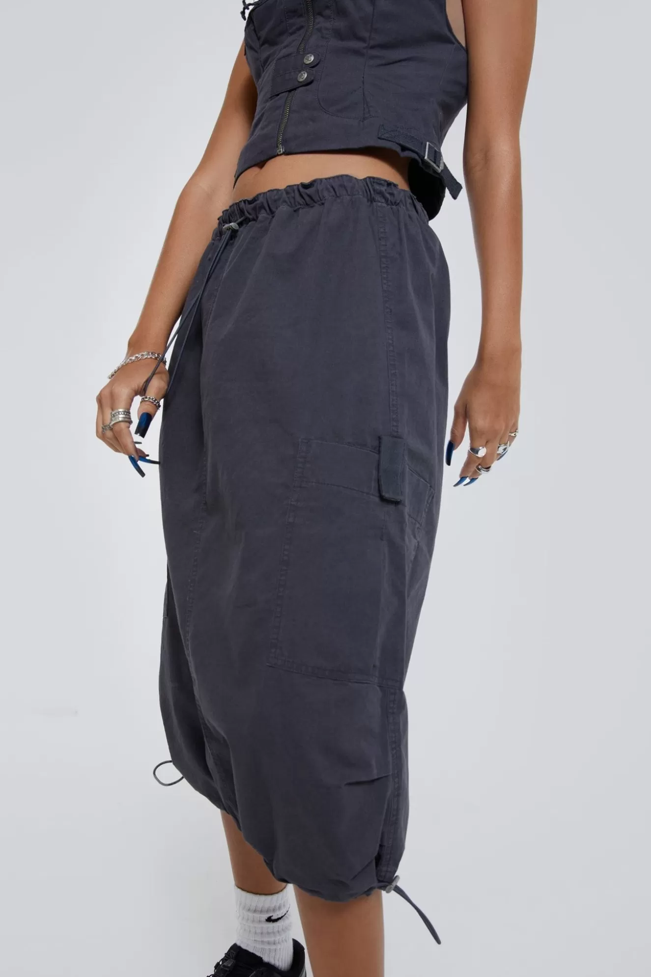 Cheap Vintage Grey Midi Cargo Skirt Women Parachute Pants
